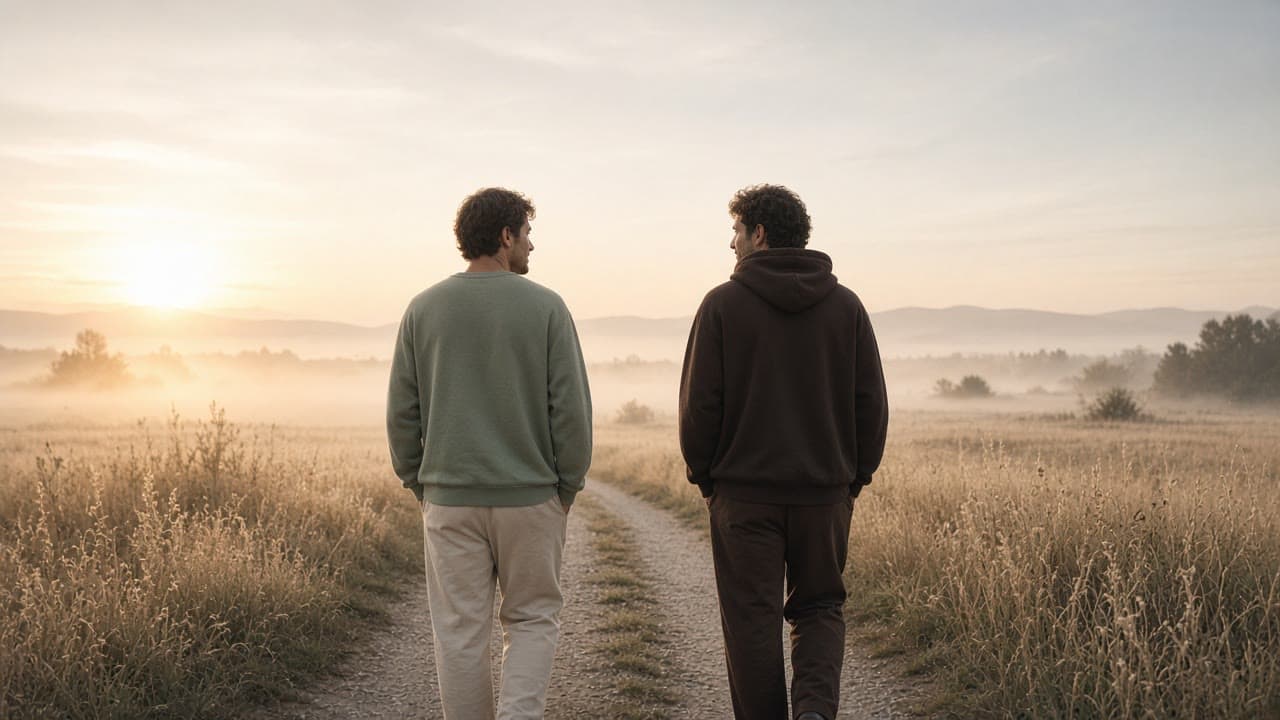 Two people in sweatshirts walking a meadow path at sunrise